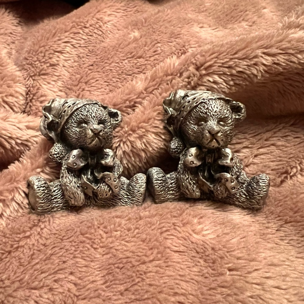 VINTAGE Grey Pewter Miniature Sleepy Teddy Bear figurines - Set of Two